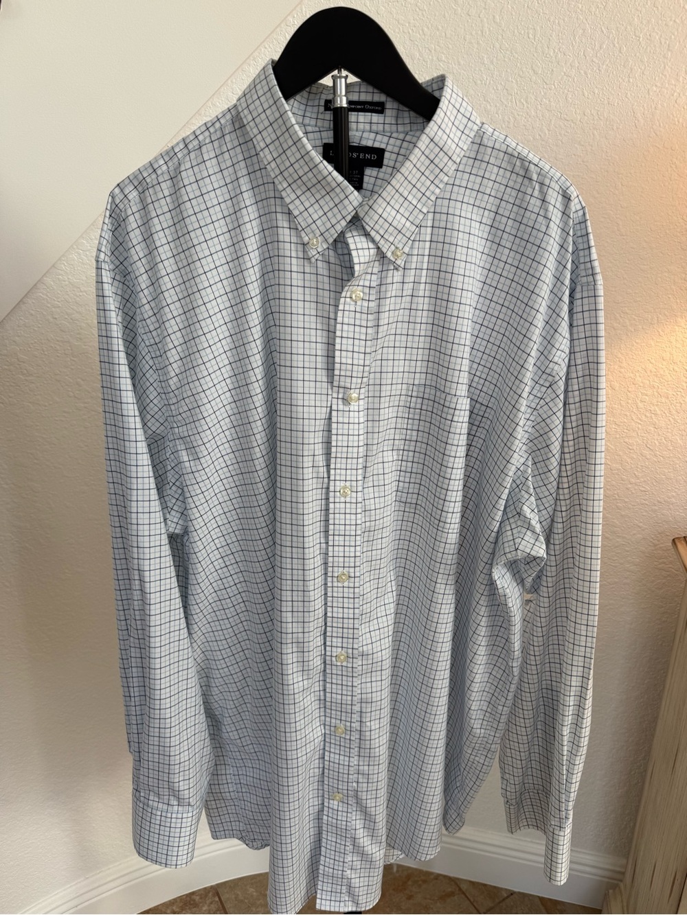 Lands' End White Dress Shirt with Light Blue Windowpane Check